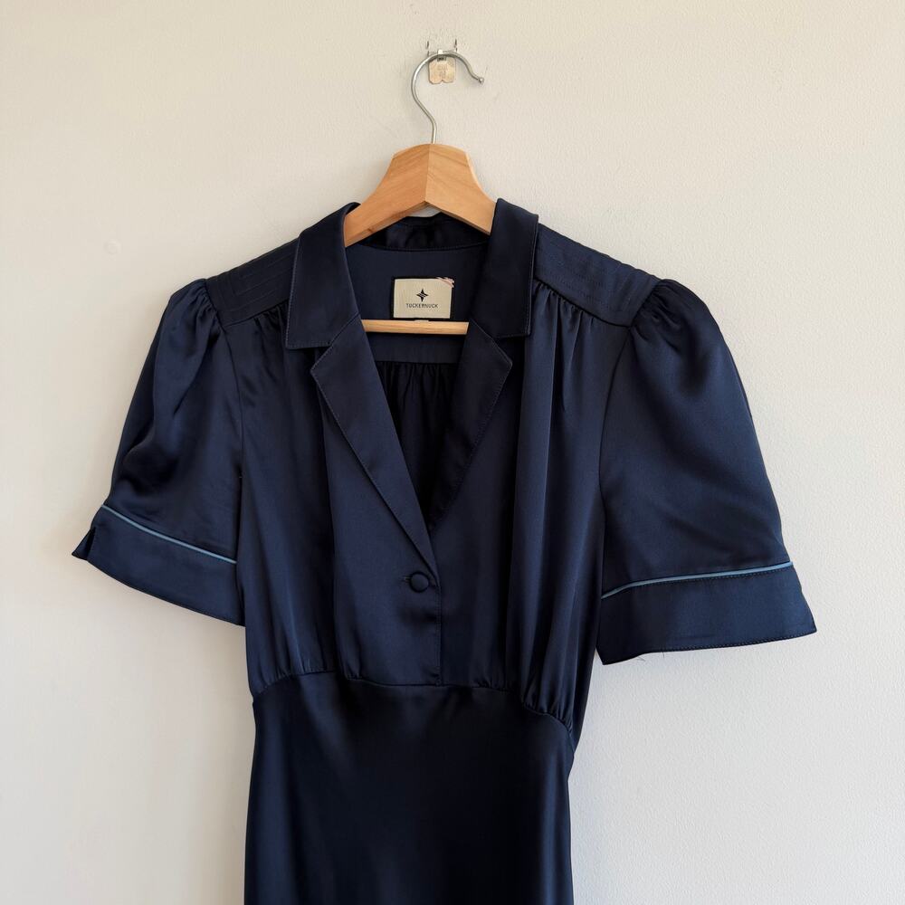 Tuckernuck Woodbine Satin Bellamy Collared Short Sleeve Midi Dress Navy Blue M - Picture 5 of 12